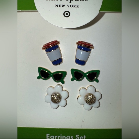 Kate Spade x Target 3 piece earrings set sunglasses flowers coffee cup NWT - Picture 2 of 3